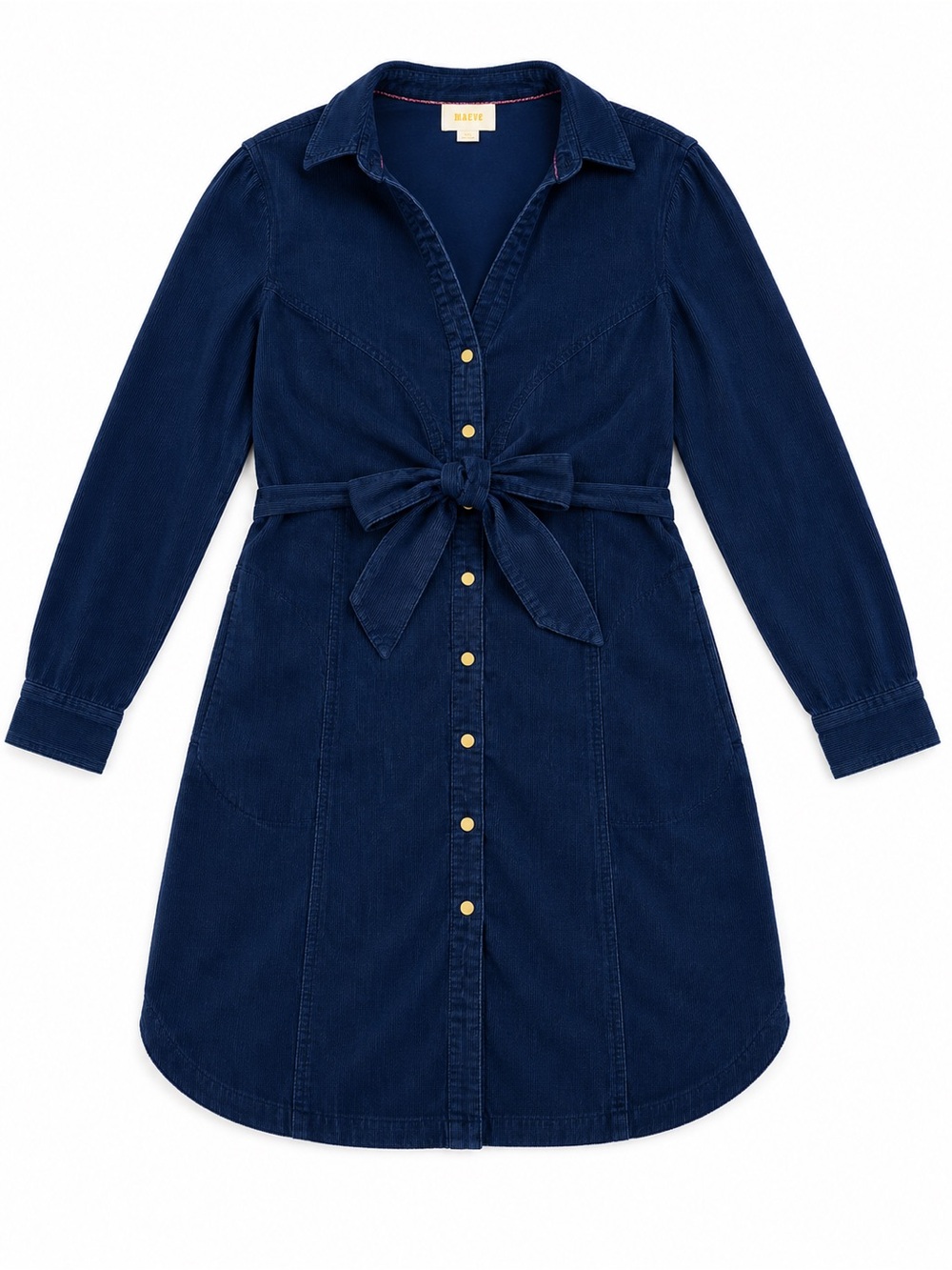 Maeve Navy Corduroy Tie-Waist Shirt Dress